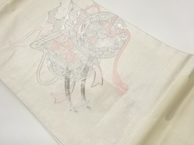 JAPANESE KIMONO / NAGOYA OBI / SILK / EMBROIDERY / CARRIAGE & CAMELLIA & MAPLE & KUMIHIMO CORD